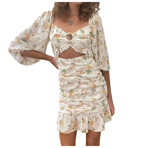 ACOA Smocked Off Shoulder Ruched Ruffle Floral Mini Babydoll Dress Sz Small - Picture 1 of 7